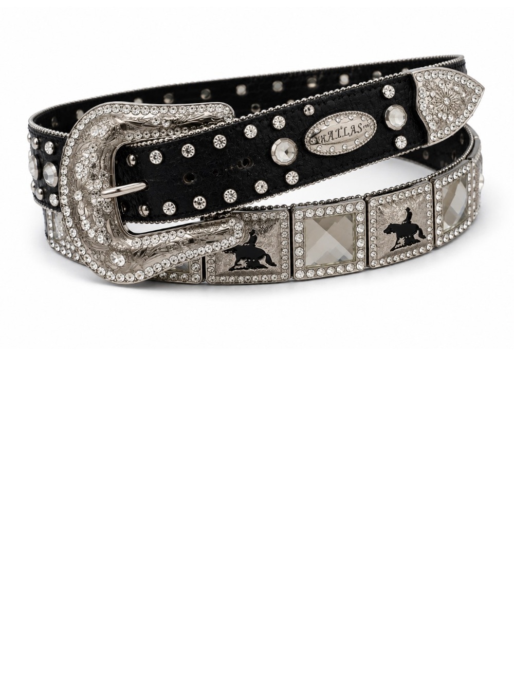 ATLAS Crystal Western Belt Black Leather Rhinestone Cowboy Belt Size Medium
